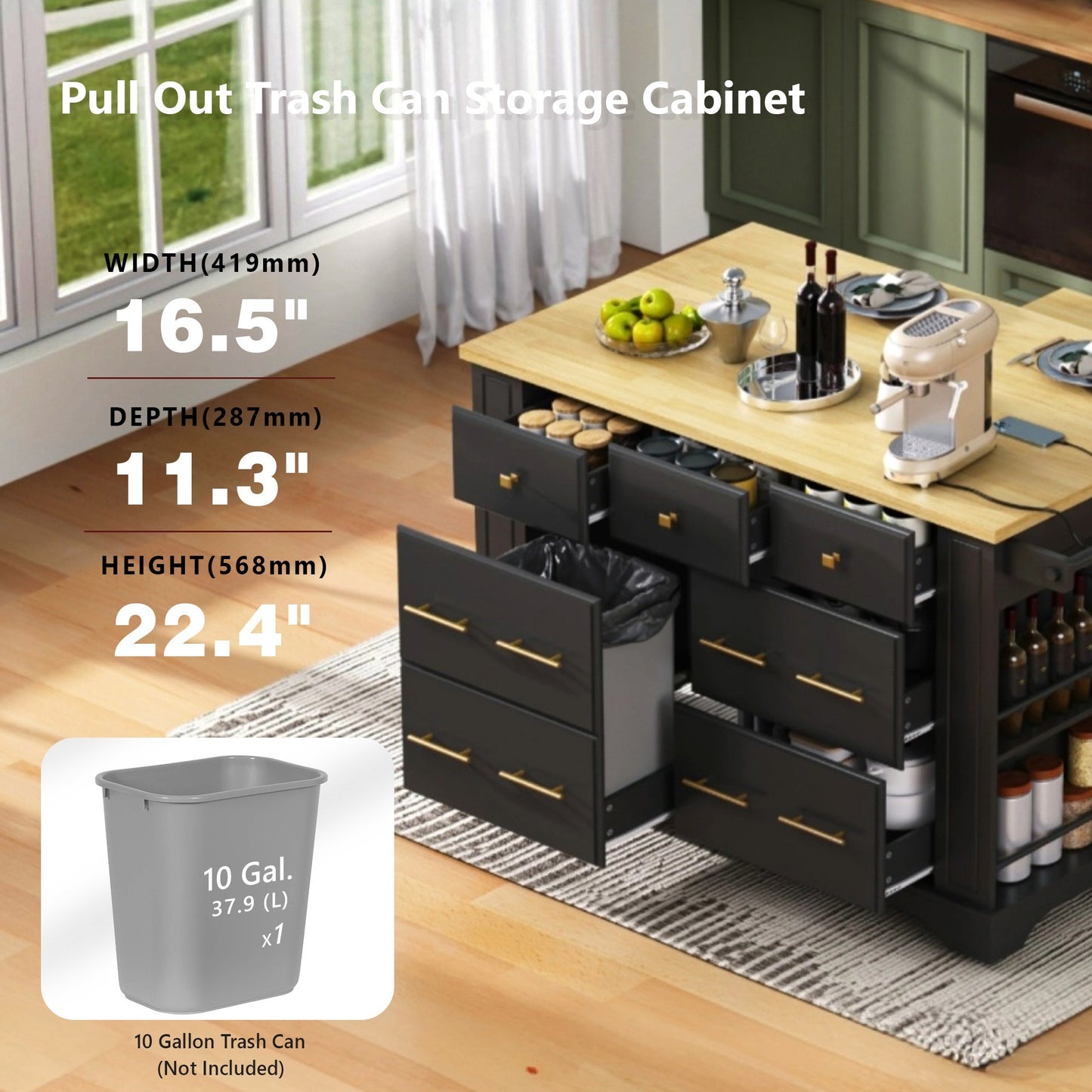 K&k Kitchen Island with 6 Drawers - Black - detail view 5