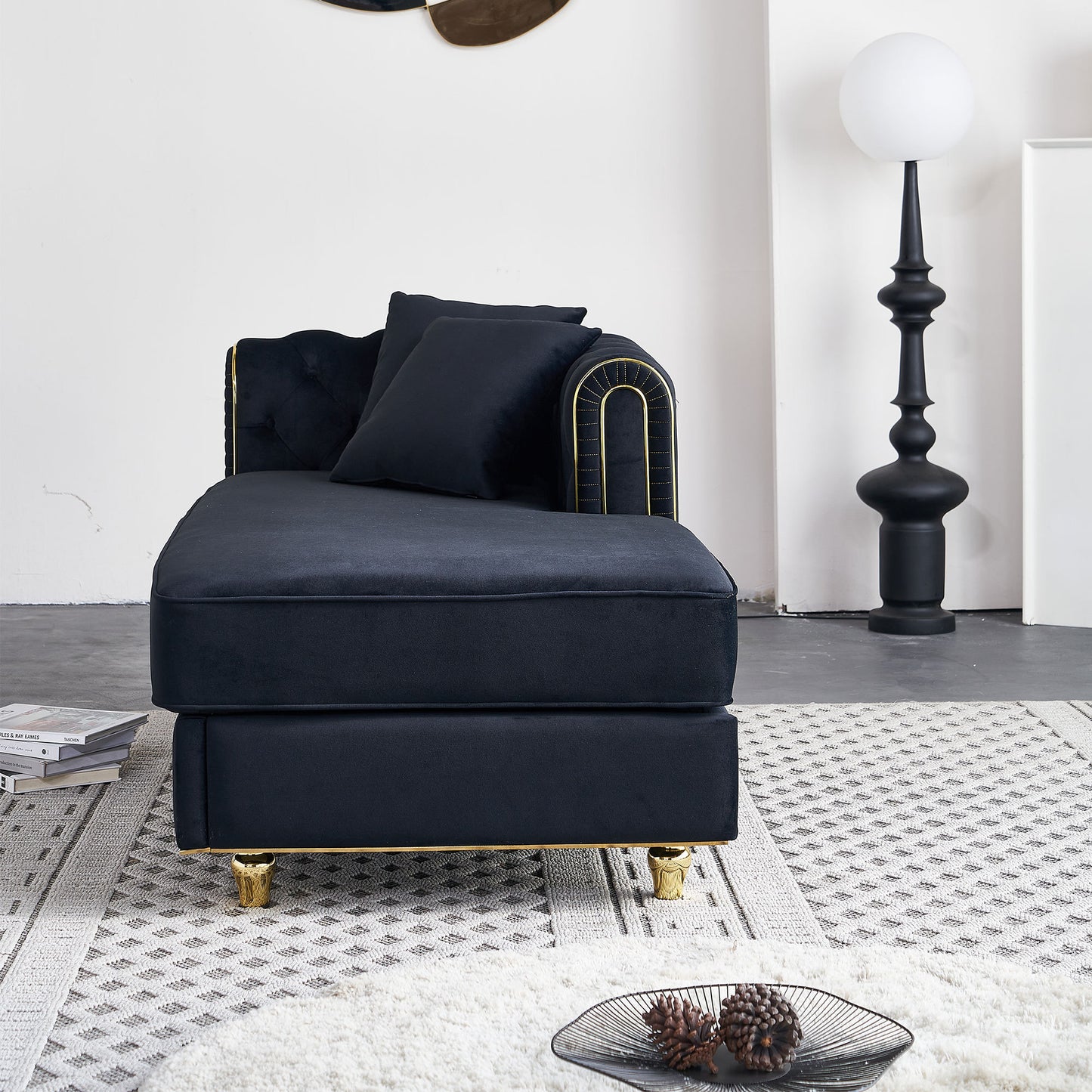 67" W Velvet Chaise Lounge - Black - detail view 5