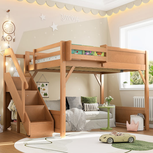 Full Size Loft Bed with Built-in Wardrobe and Storage Space - Antique Natural - primary color shot