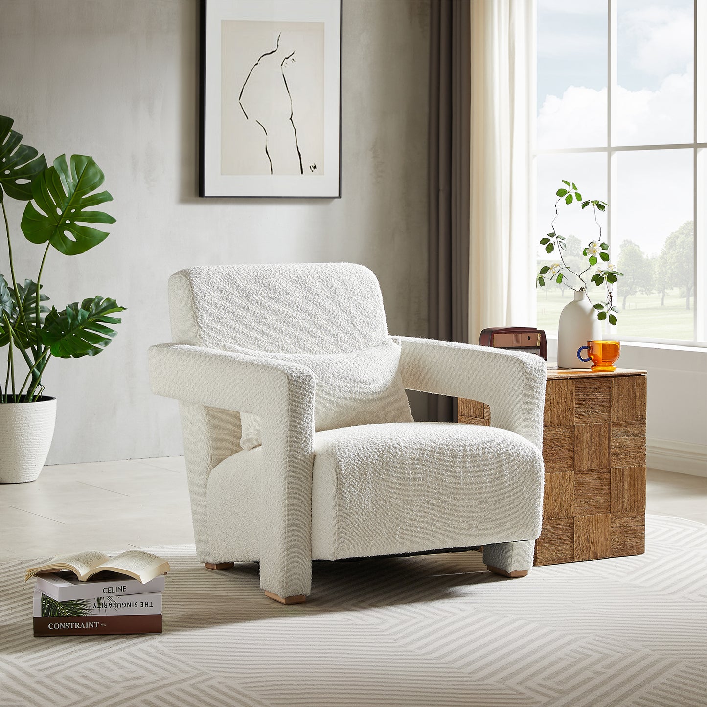 Axel Mid-Century Modern Boucle Arm Chair with Lumbar Pillow, White