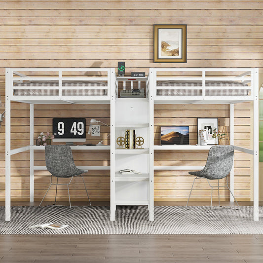 Twin over Twin Metal Loft Bed with Double Desk and Wardrobe and Shelves with Electrical Outlet for Space Saving and Noise Reduction - detail view 2