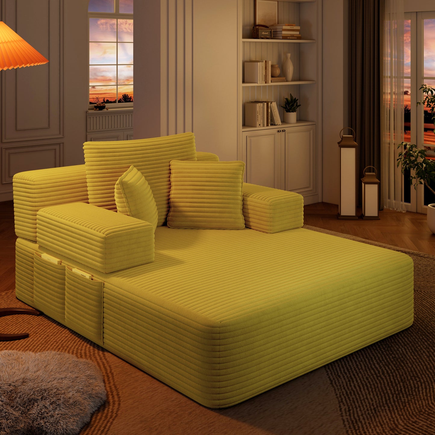 Luxurious Plush Corduroy Chaise Lounge with 3 Pillows - Yellow - detail view 5