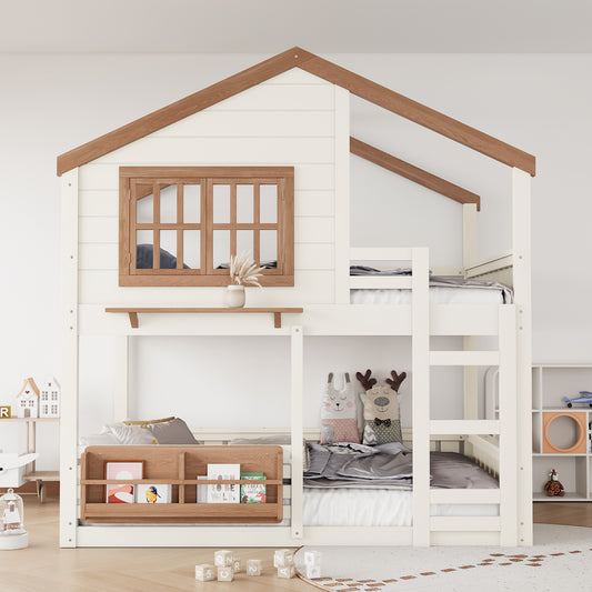 Full Size Bunk Bed/loft Bed with Bookshelf - Beige - primary color shot