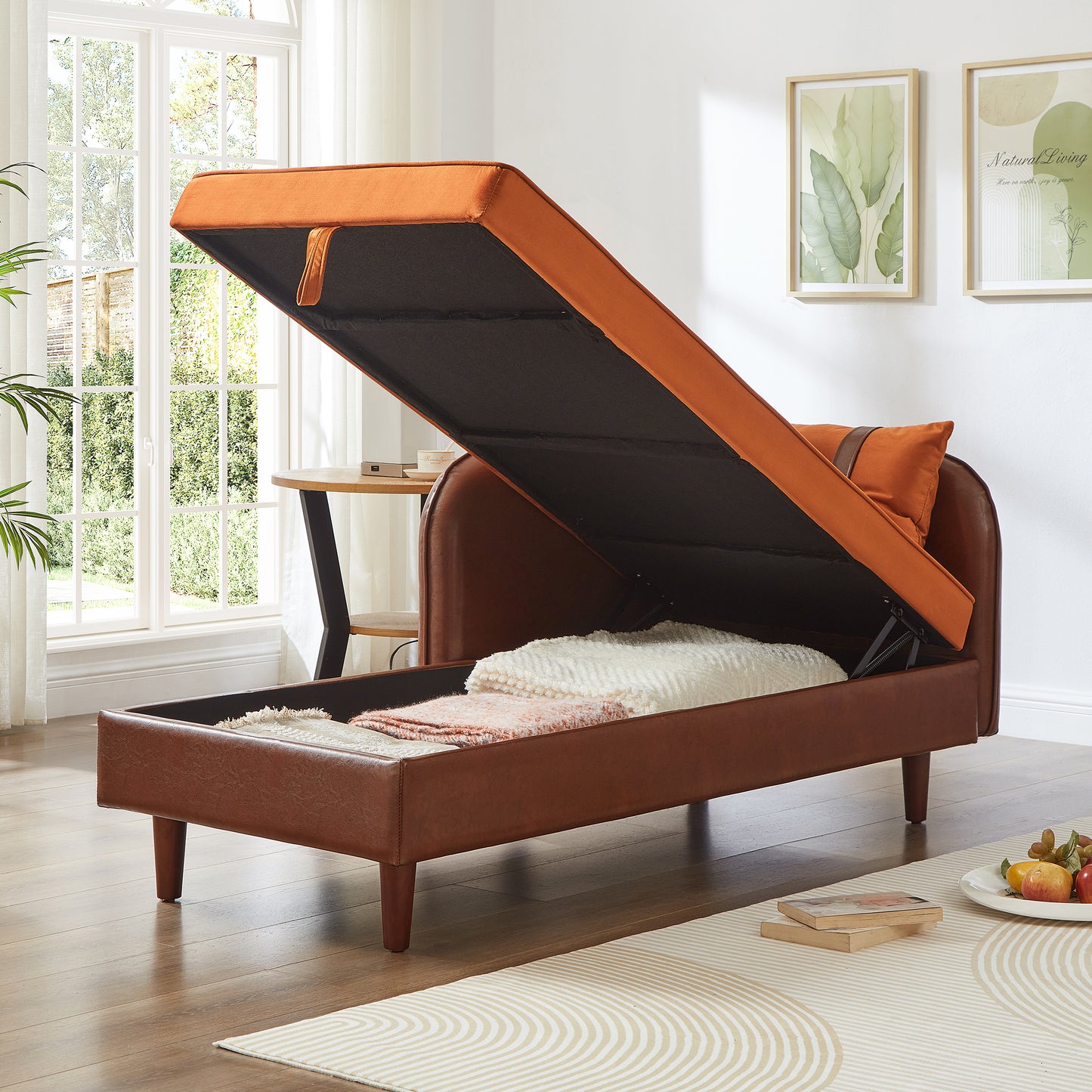 65" Storage Chaise Lounge Sofa Brown PU & Orange Velvet - detail view 4