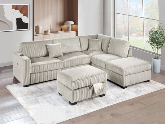 Camel Wide Welt Corduroy Sectional Sofa Reversible Chaise Sofa w USB Storage Ottoman Upholstered Couch Pillows 3pc Set Living Room - primary color shot