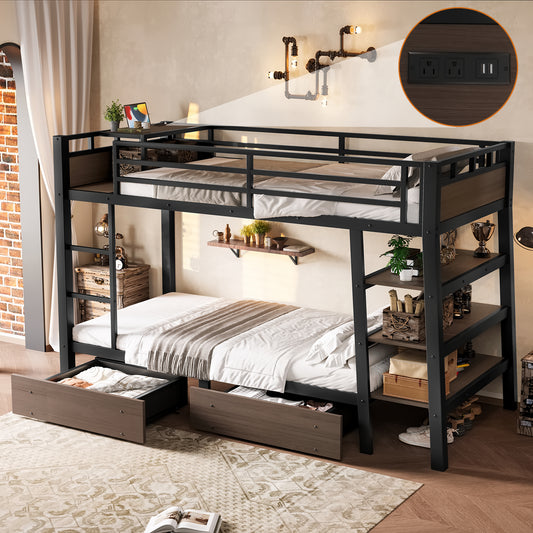 Twin Size Metal Bunk Bed with Storage Shelves - Black - primary color shot