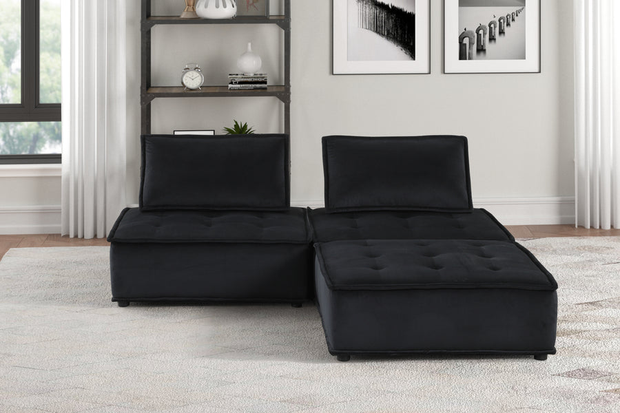 Anna 80' Black Velvet 3 Pc Sectional Sofa Ottoman - primary color shot