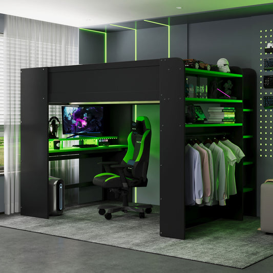 Full Size Wood Bunk Bed with Height-Adjustable Desk - Green - primary color shot
