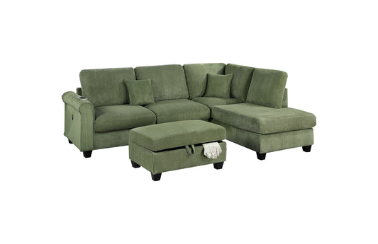 Gorgeous Sage Color 3pc Sectional Set Corduroy Upholstered LAF Sofa RAF Chaise Ottoman L-Sectional Living Room Furniture - detail view 2