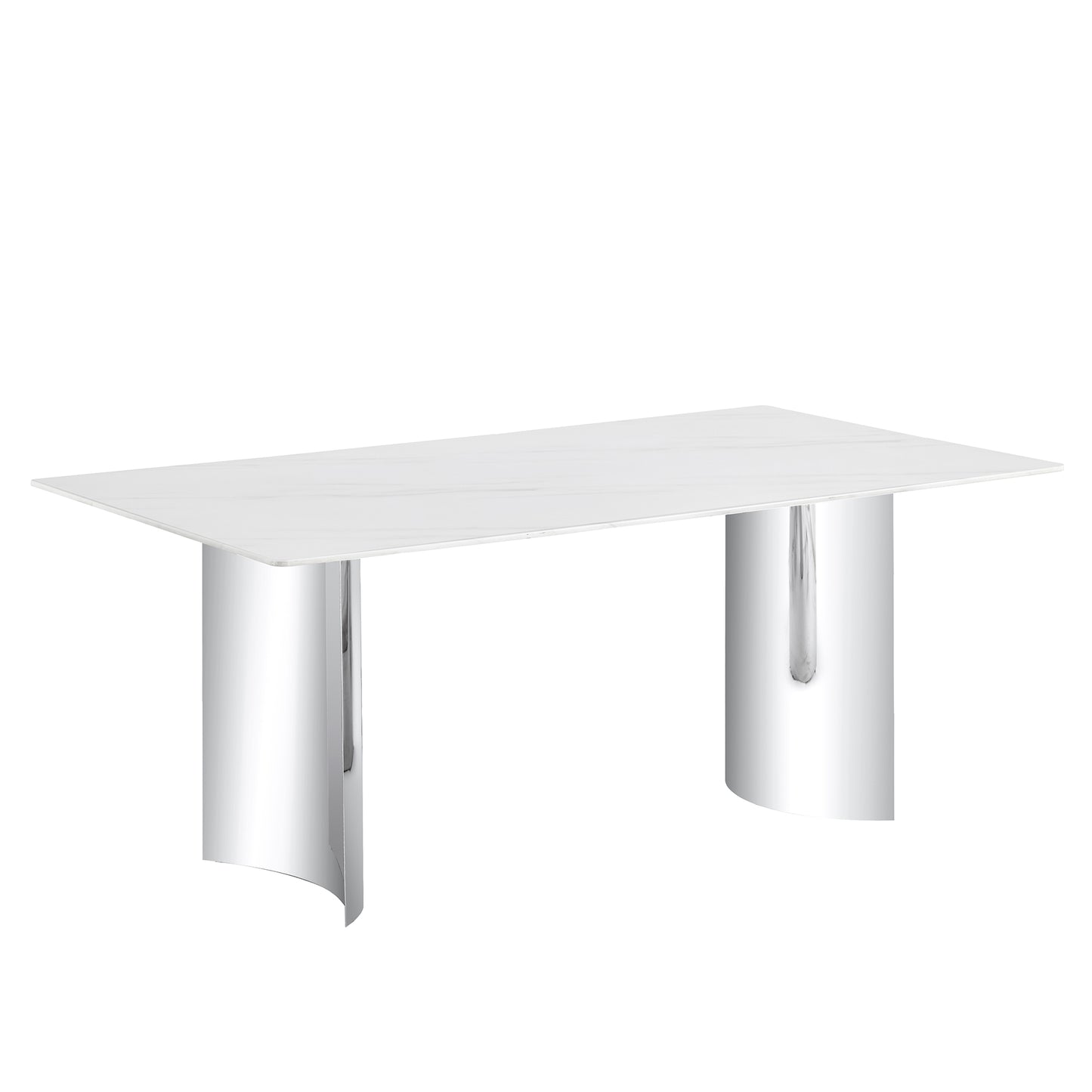 Modern Minimalist Dining Table with White Imitation Marble Glass Surface & Silver Metal Legs - primary color shot