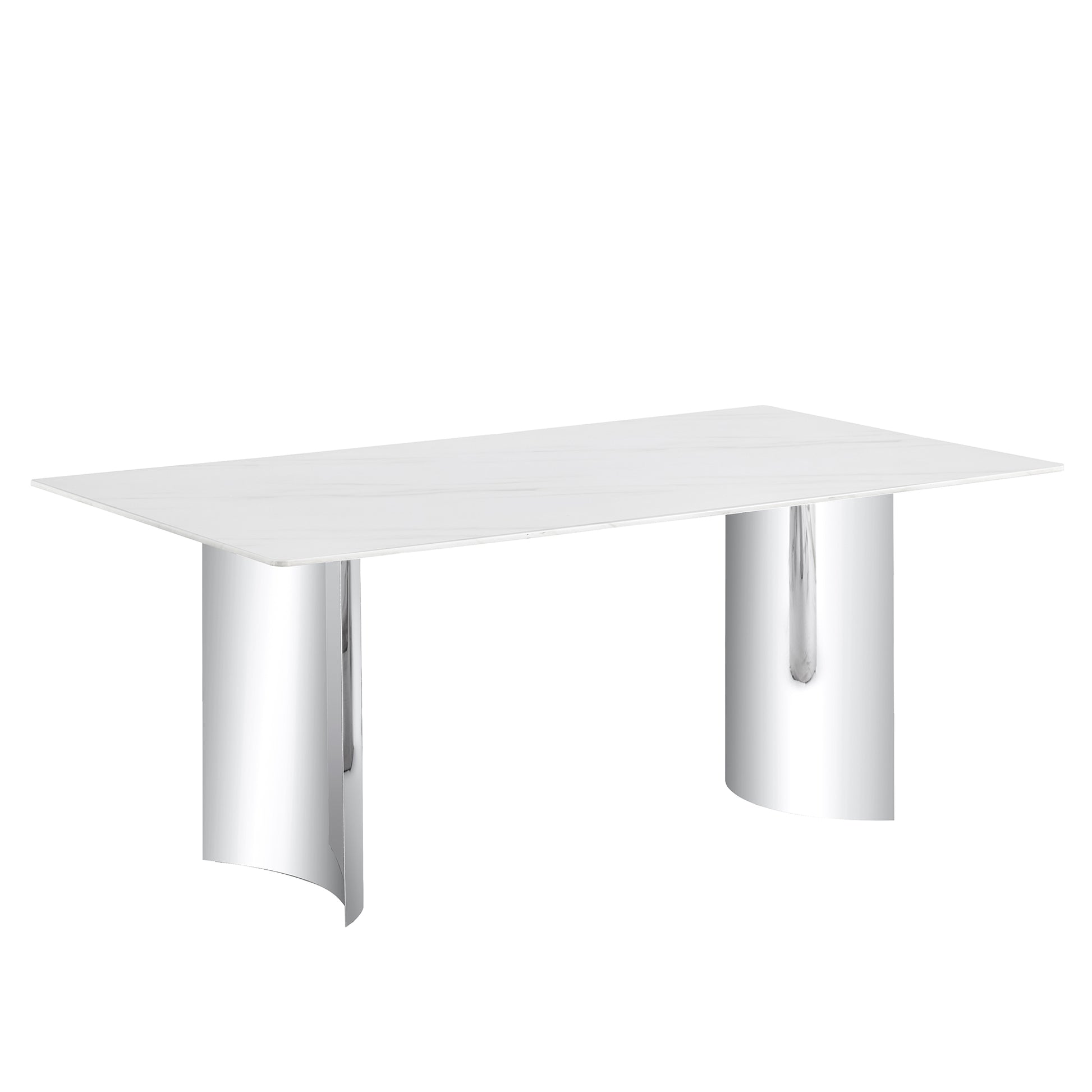 Modern Minimalist Dining Table with White Imitation Marble Glass Surface & Silver Metal Legs - primary color shot