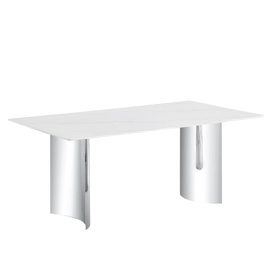 Modern Minimalist Dining Table with White Imitation Marble Glass Surface & Silver Metal Legs - primary color shot