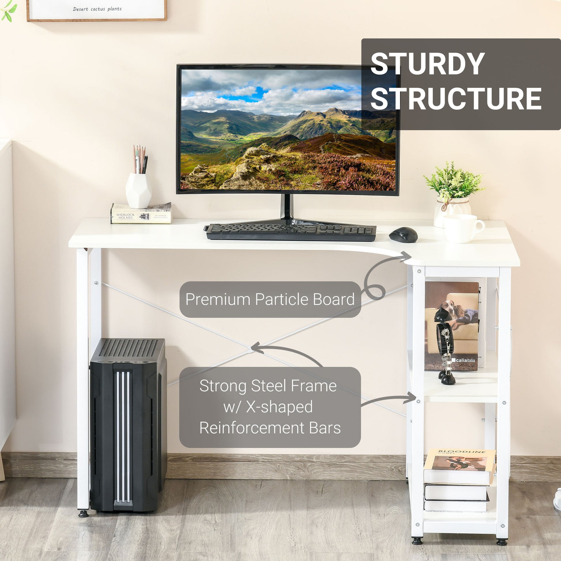 Salem Industrial L-Shaped Computer Desk with 2 Side Shelves and Steel Frame, Corner Desk,White