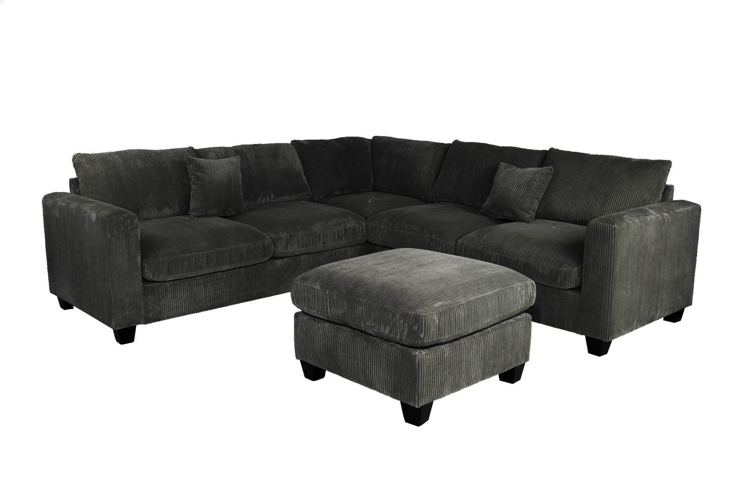 Modern Style L-Shaped 4pc Sectional Set Cocktail Ottoman Square Arms Throw Pillow Corduroy Upholstered Black Finish Primary Living Room - detail view 2