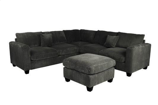 Modern Style L-Shaped 4pc Sectional Set Cocktail Ottoman Square Arms Throw Pillow Corduroy Upholstered Black Finish Primary Living Room - detail view 2