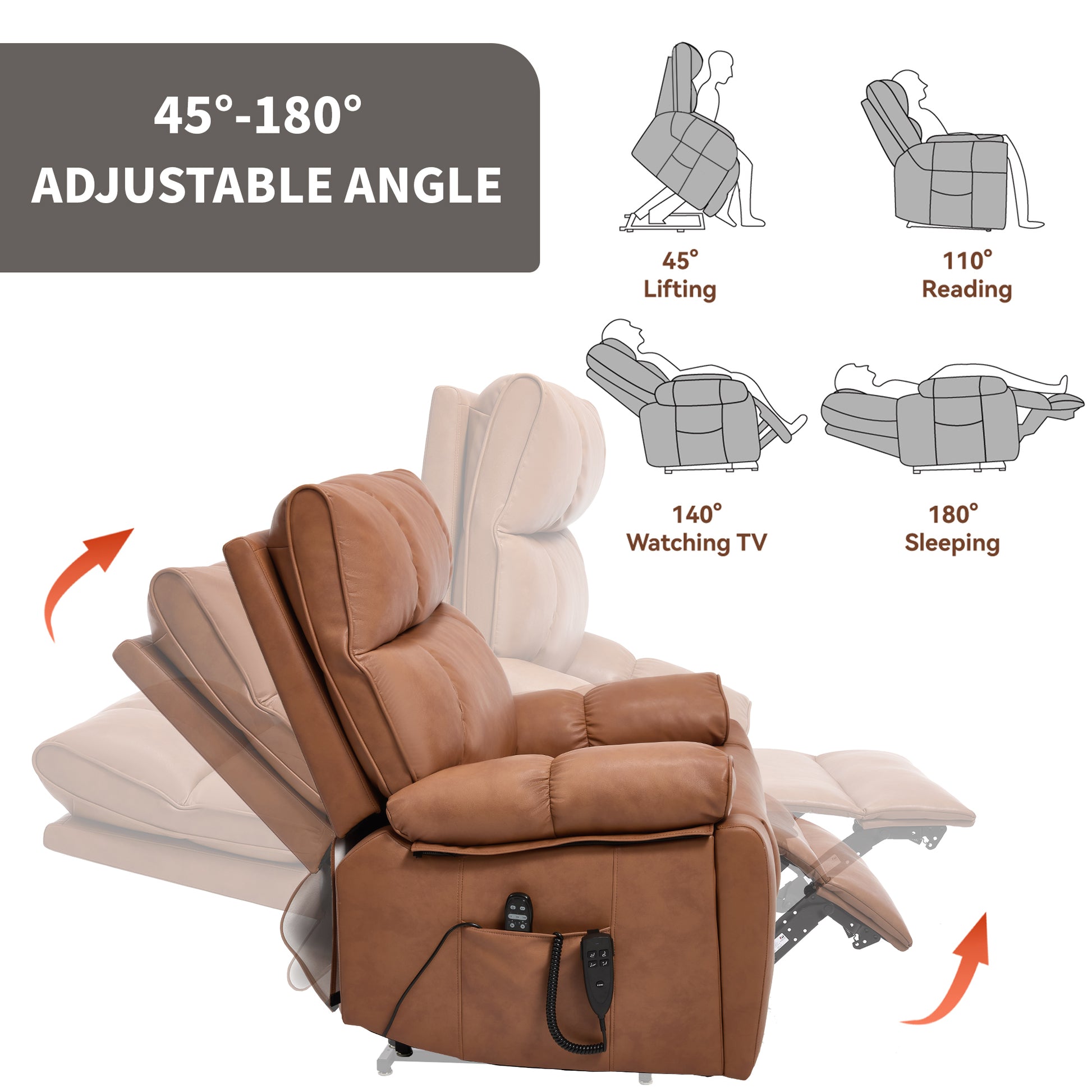 Orange Leatheraire Heat Massage Dual Motor Infinite Position Up to 350 LBS Large Electric Power Lift Recliners with Hidden Cup Holders - detail view 5
