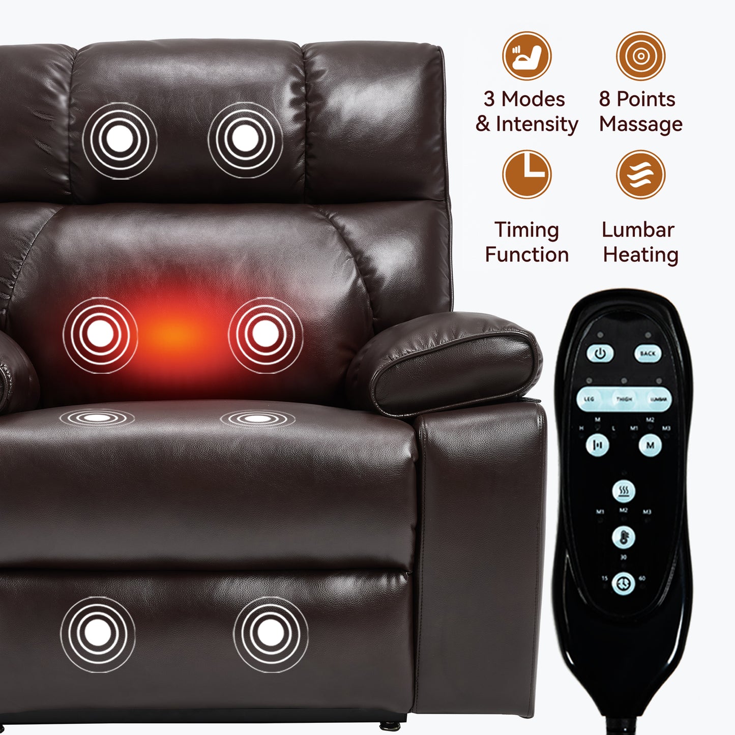Brown Leatheraire Heat Massage Dual Motor Infinite Position Up to 350 LBS Large Electric Power Lift Recliners with Hidden Cup Holders - detail view 8