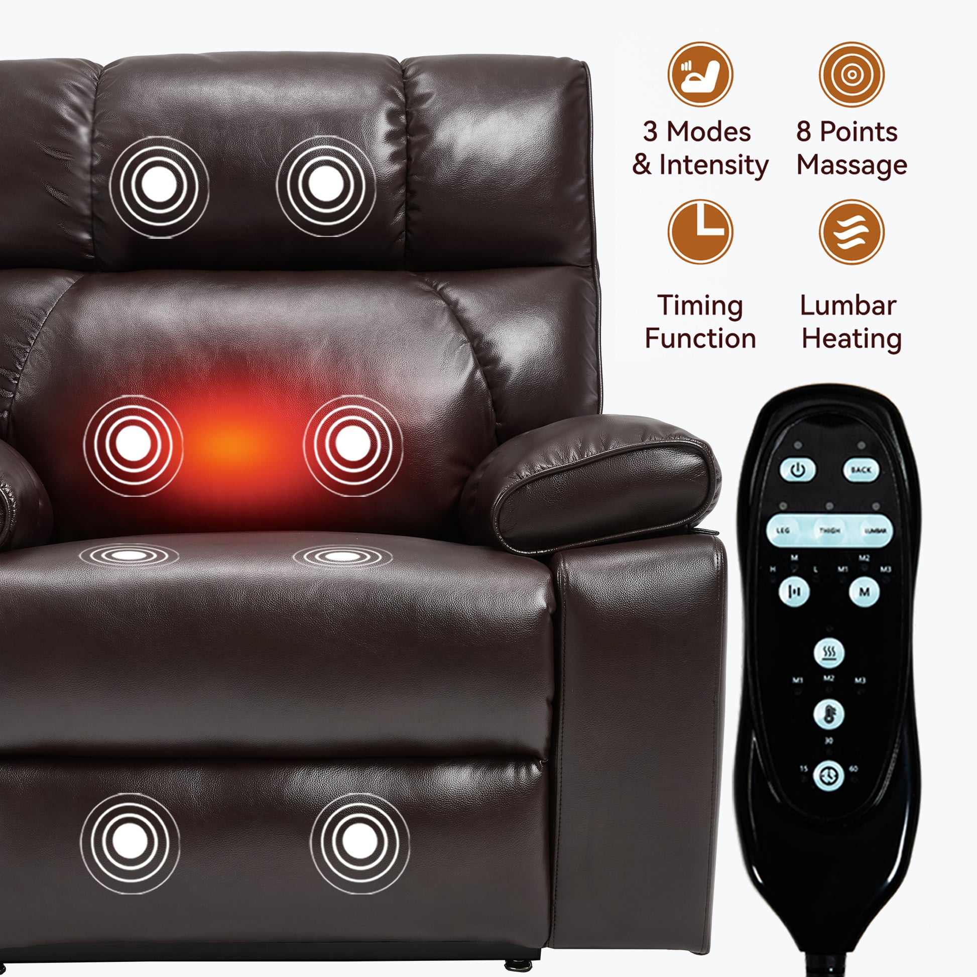 Brown Leatheraire Heat Massage Dual Motor Infinite Position Up to 350 LBS Large Electric Power Lift Recliners with Hidden Cup Holders - detail view 8