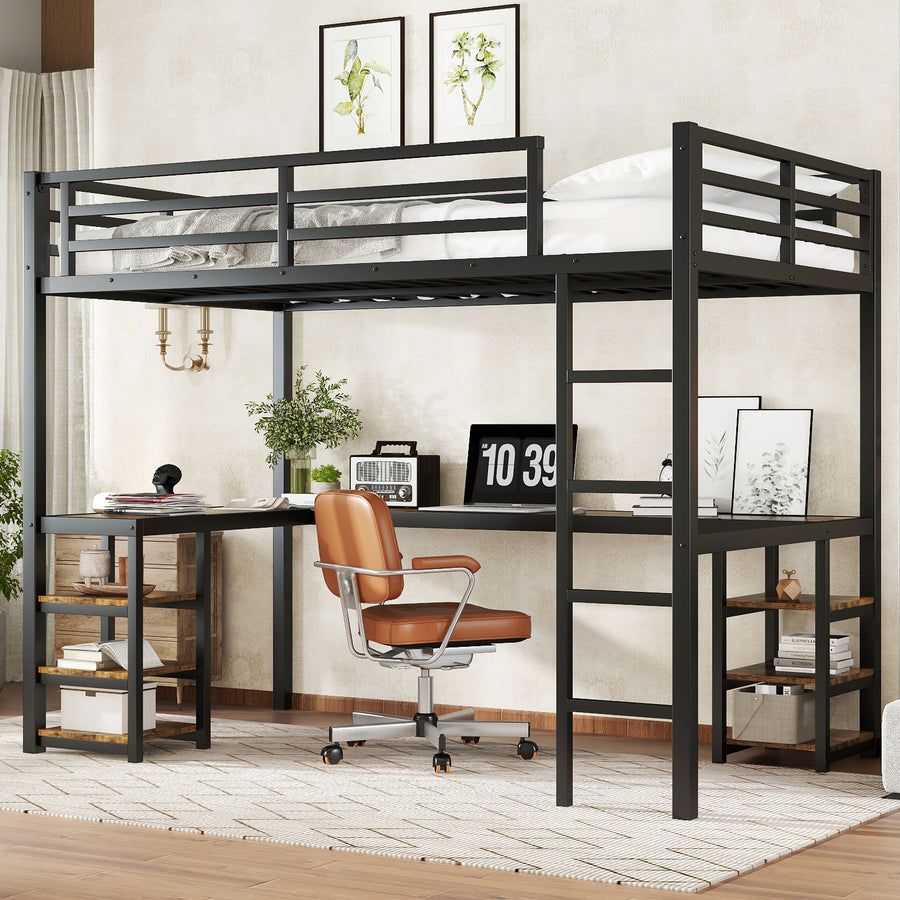 Twin XL Metal Loft Bed with Desk and Shelves - Black - primary color shot