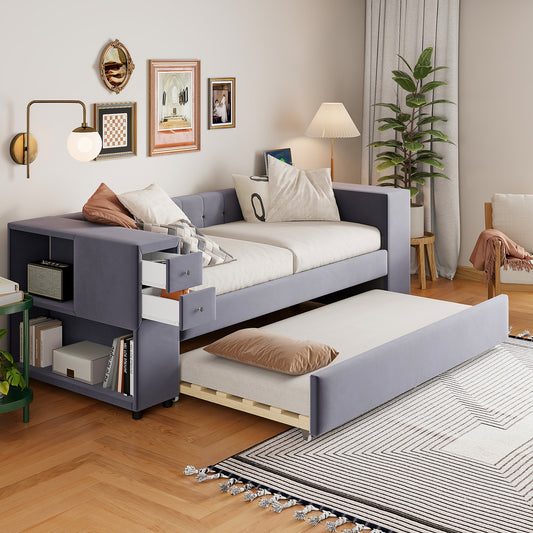 Noctis Twin Size Velvet Bed with Storage and Twin Trundle, Gray