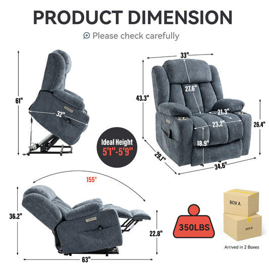 Up to 350 LBS Chenille Power Lift Recliner Chair - Blue - detail view 2