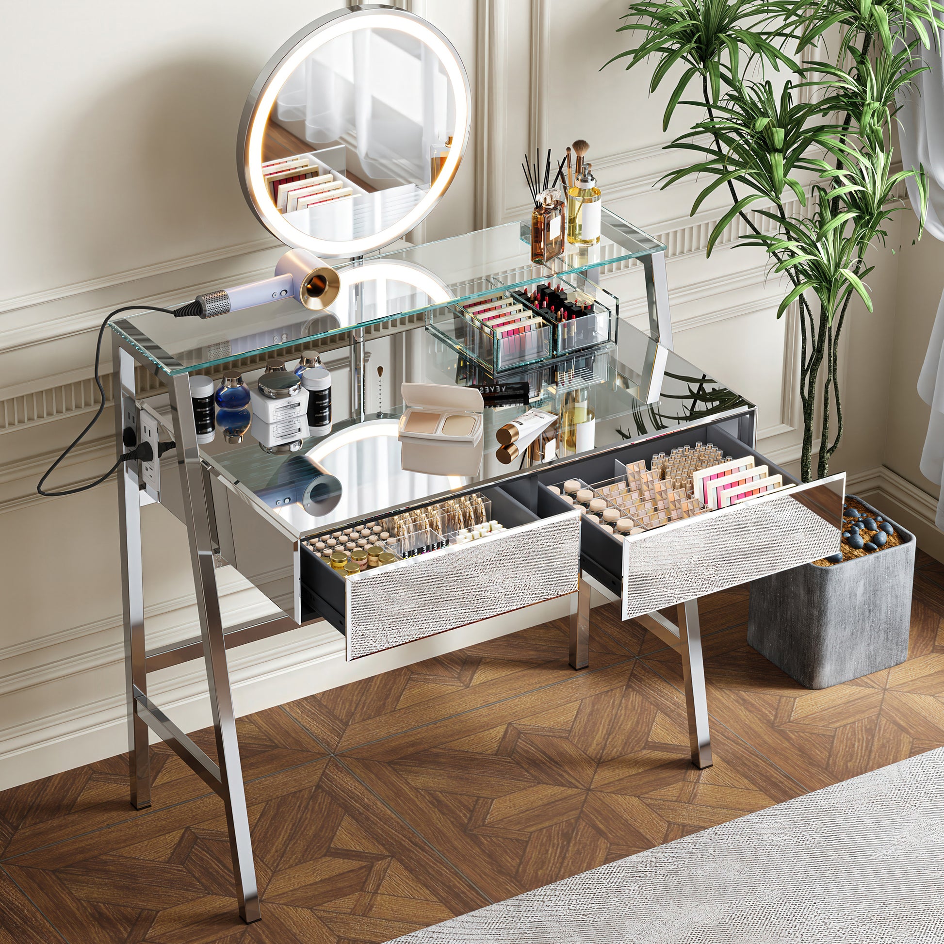 Bastion 33.9' Mirrored Makeup Vanity Desk with Mirror and Lights