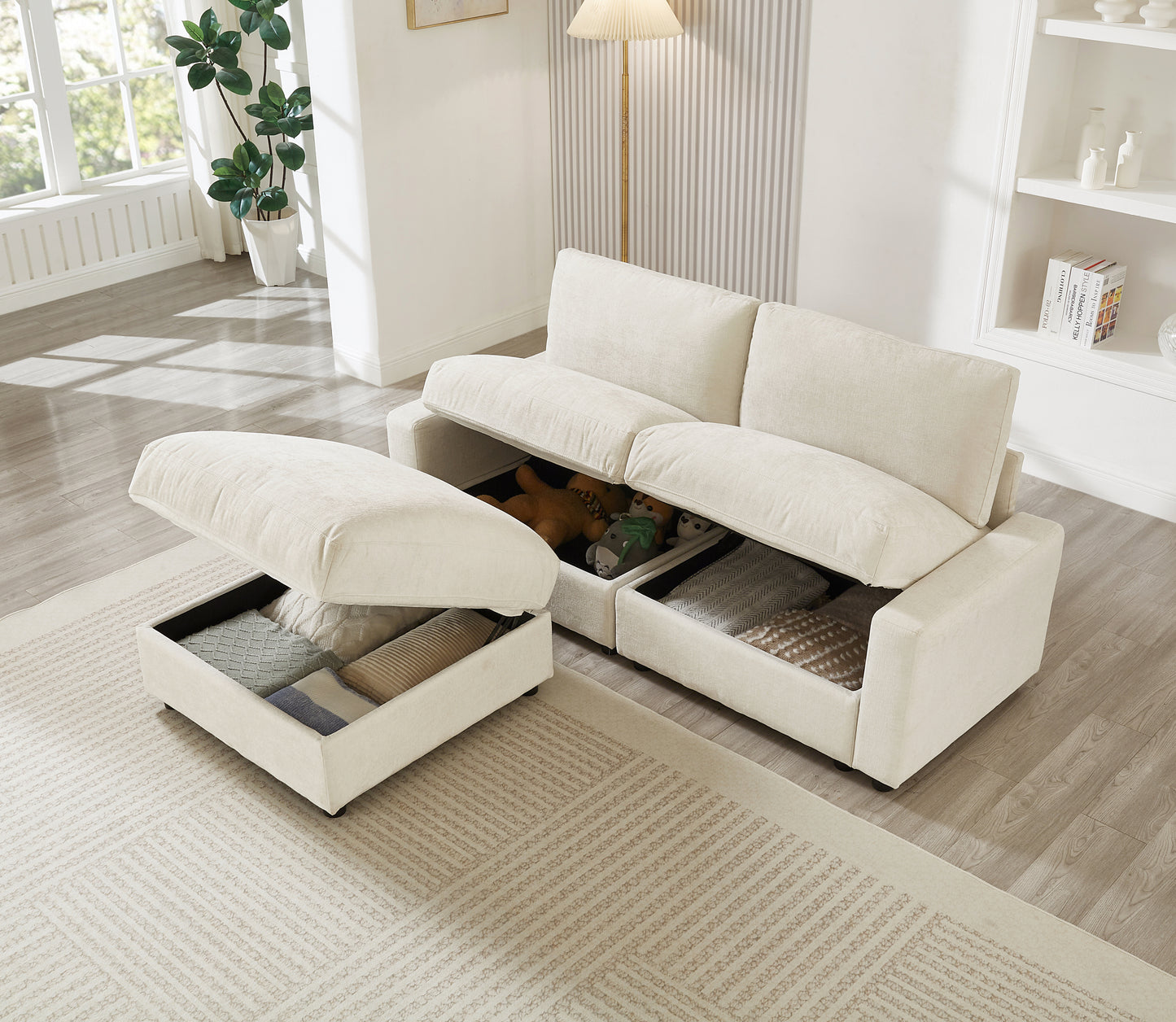 72.05'L Modular Sectional Sofa,3 Storages L-Shaped polyester Fabric Sectional Couches for Living Room,2-Seater Cloud Couches with Ottoman,Modern, Small Space, Easy Assembly (Beige) - primary color shot