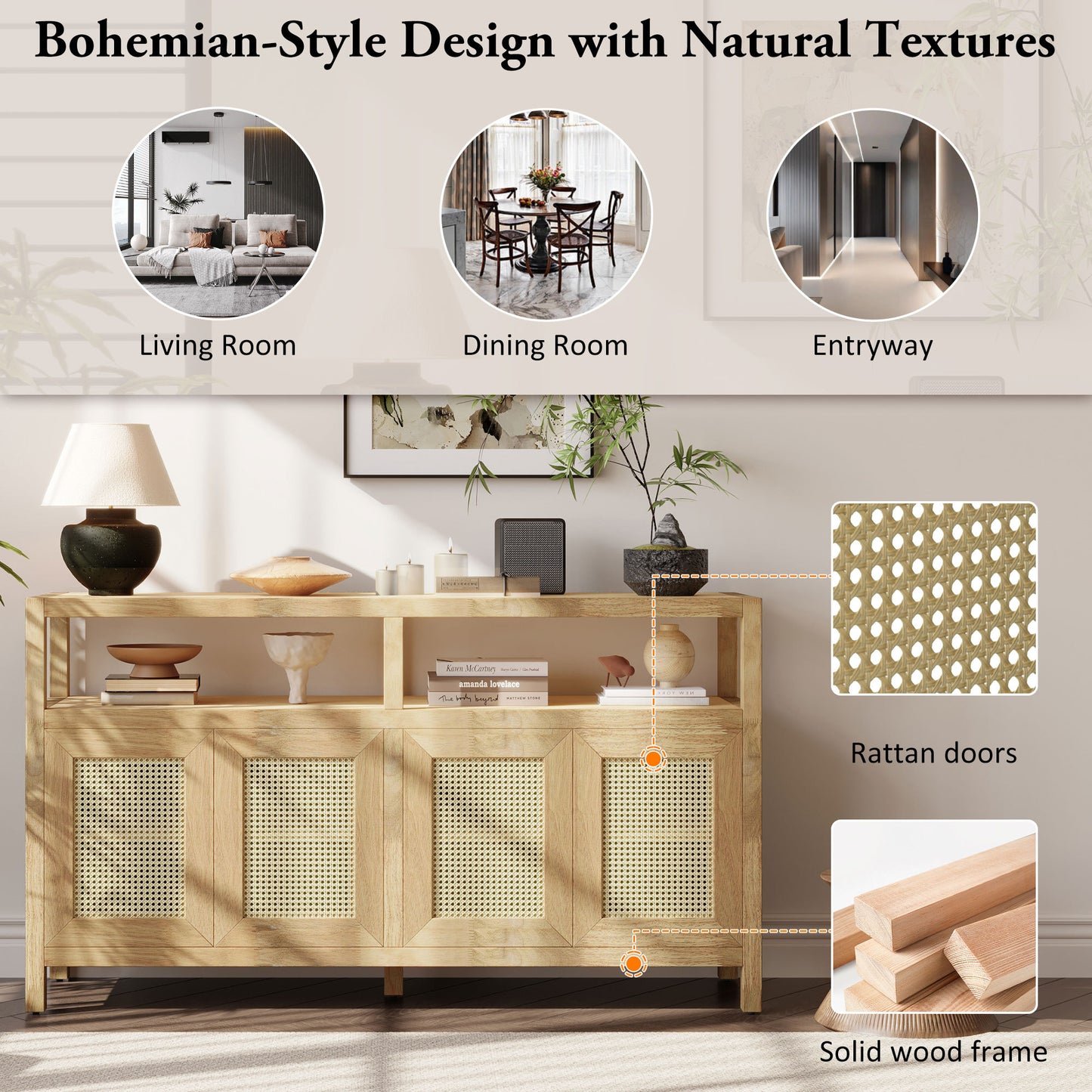 TREXM Bohemian Style Rattan Buffet Storage Cabinet with Solid Wood Frame - Natural - detail view 4