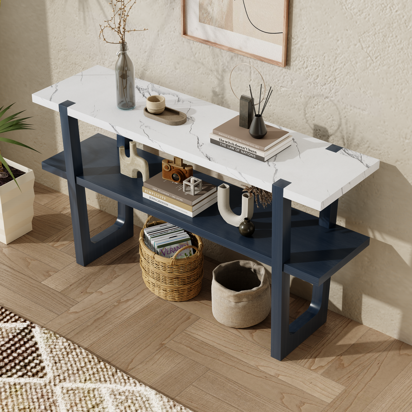 Idalia Elegant Console Table with Faux Marble Top, Navy & White