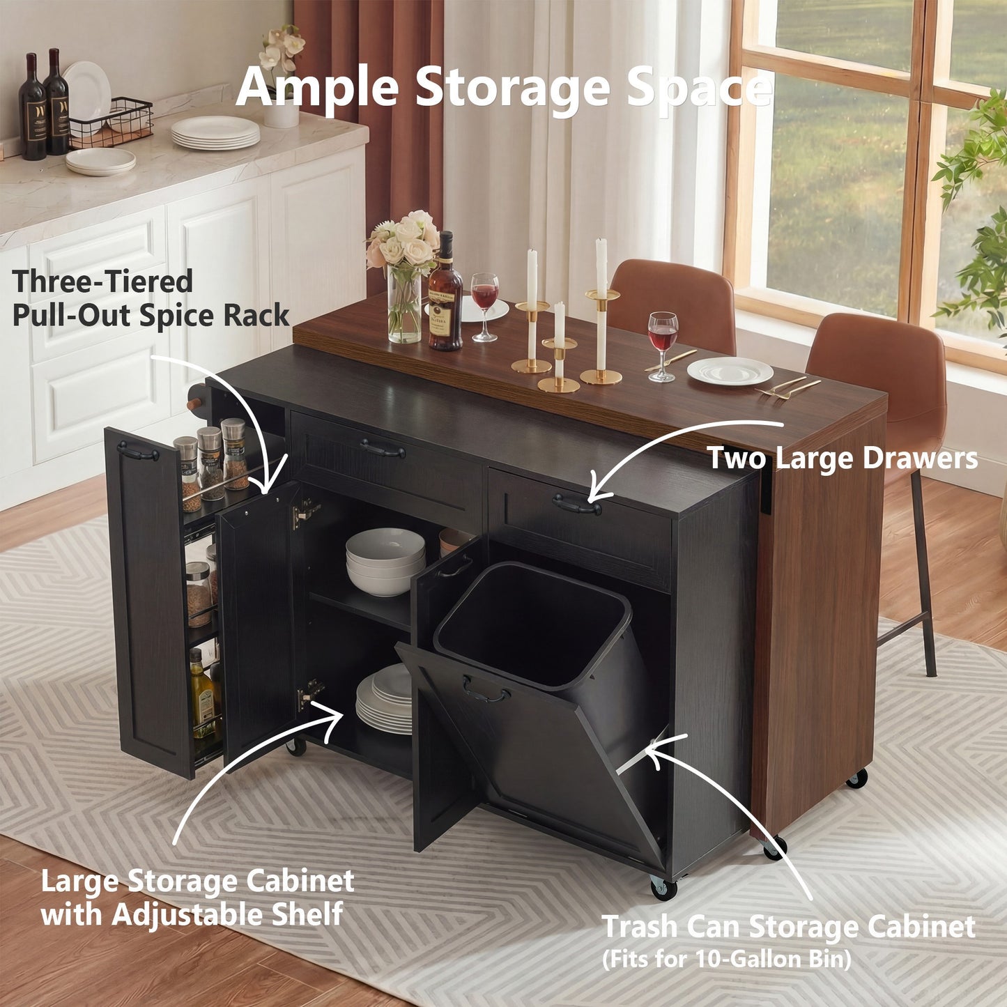 K&k 102.3' Kitchen Island with Extendable Dining Table - Black - detail view 5