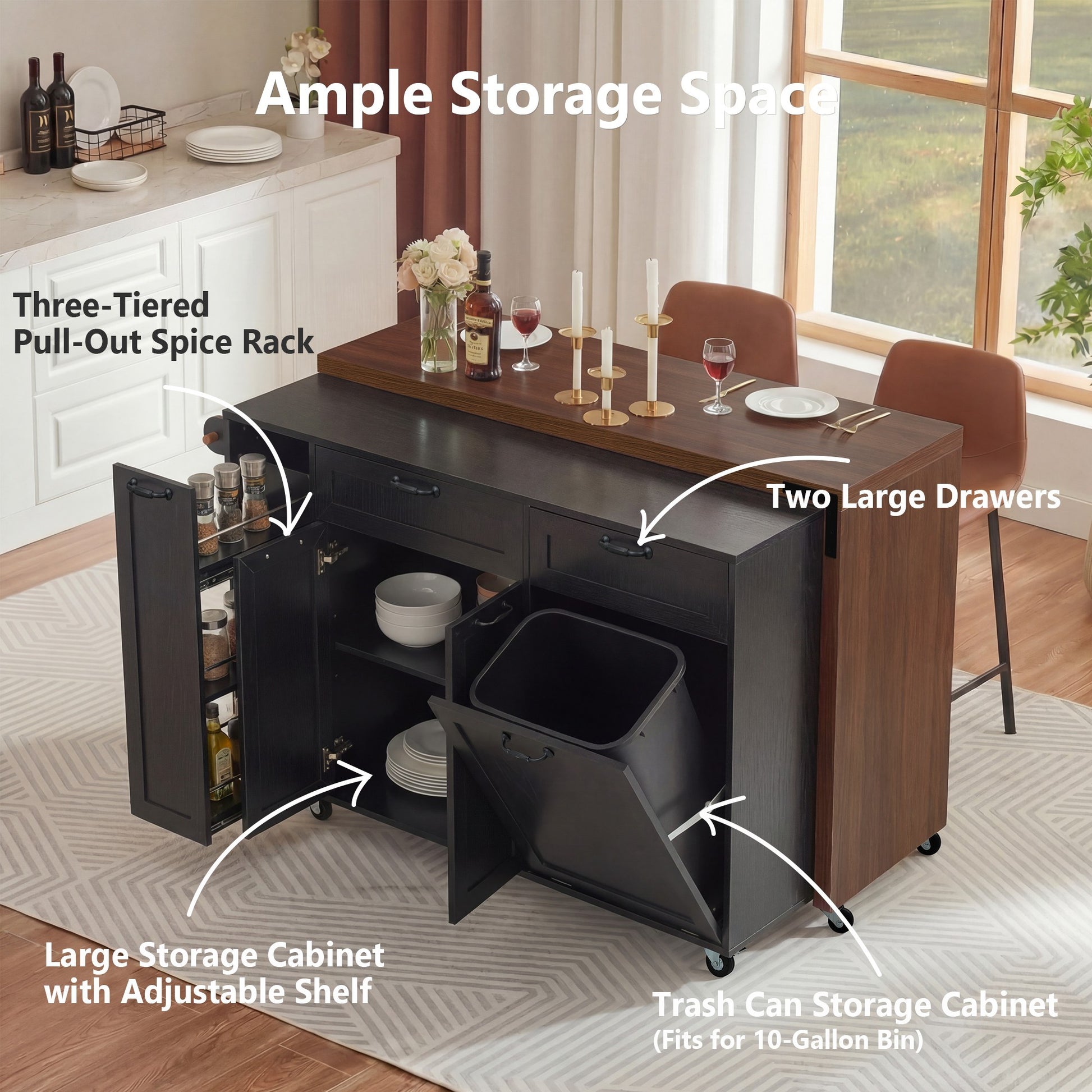 K&k 102.3' Kitchen Island with Extendable Dining Table - Black - detail view 5