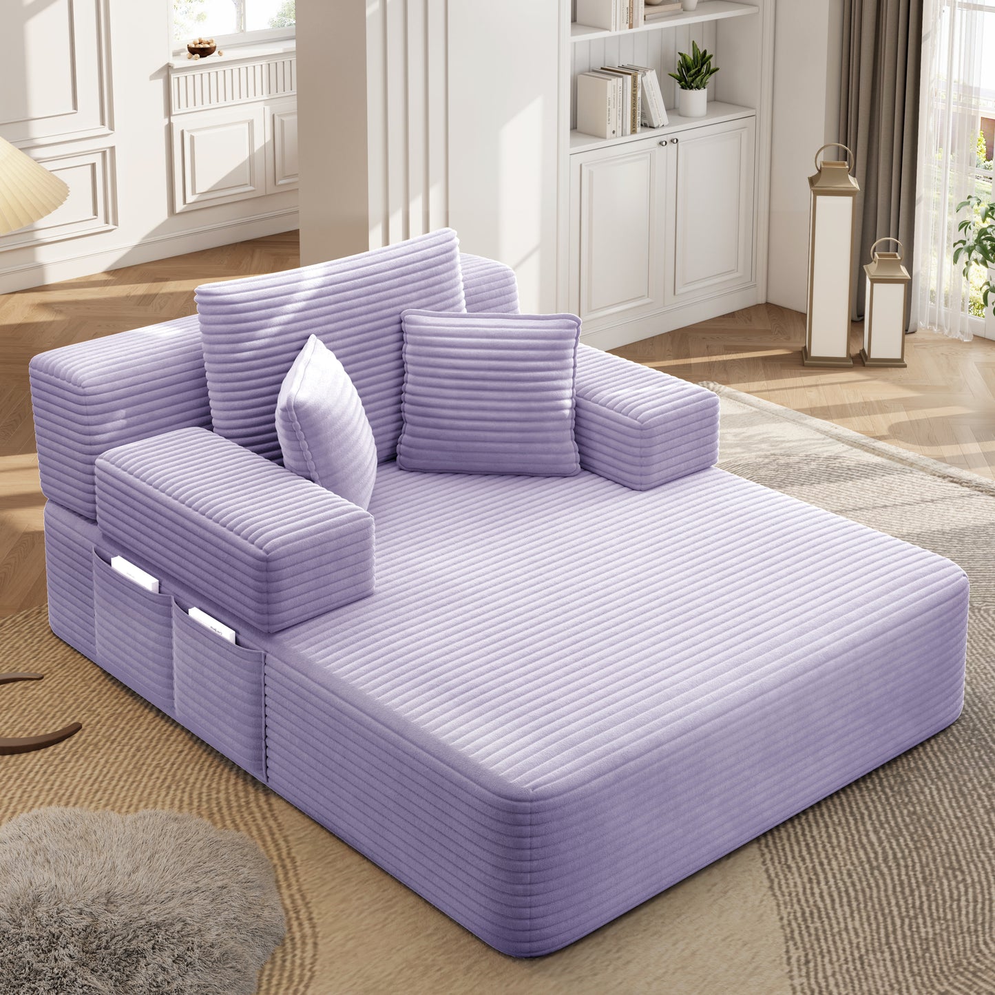 Luxurious Plush Corduroy Chaise Lounge with 3 Pillows - Purple - detail view 6