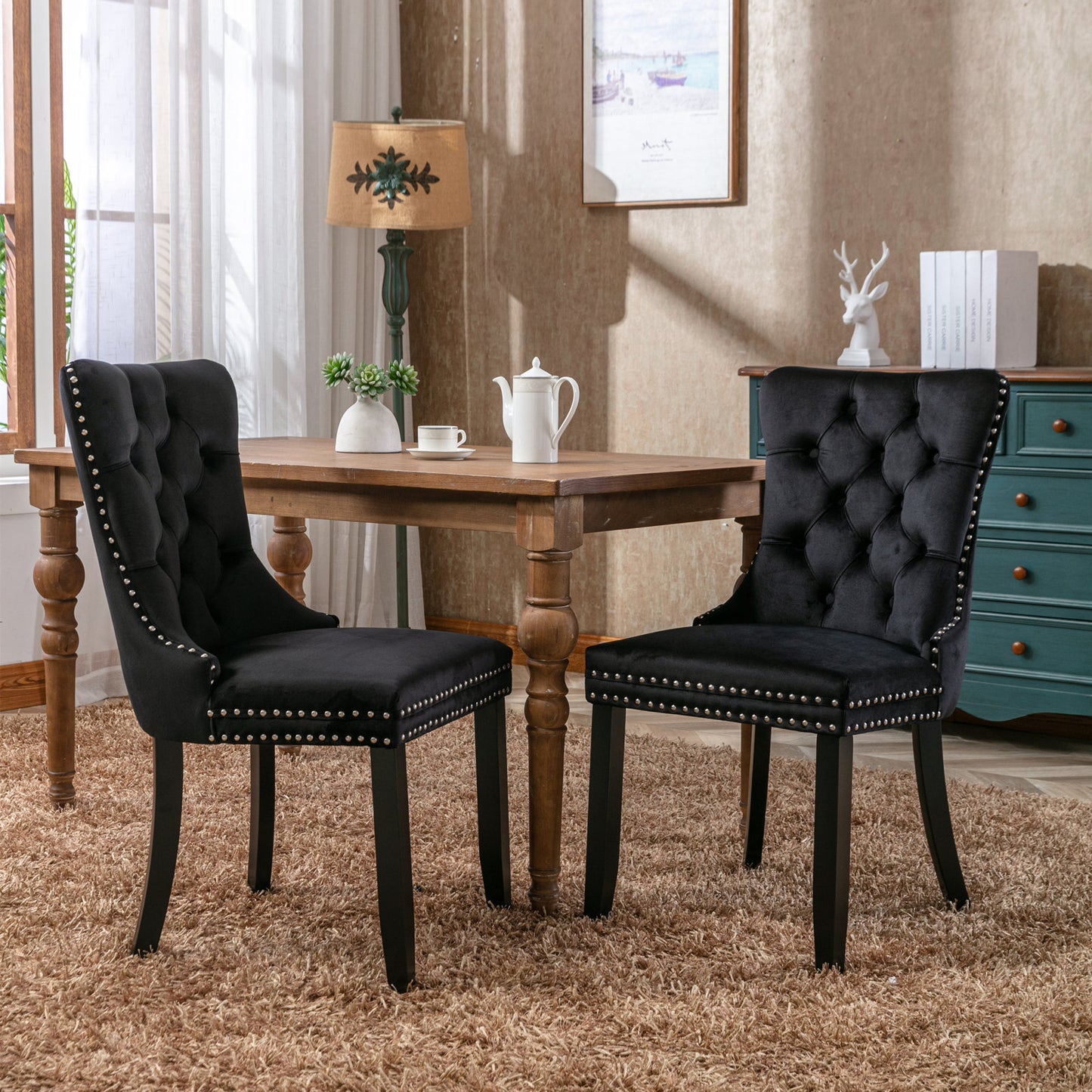 Niki Modern Velvet Side Chair with Nailhead Trim & Black Leg Set of 2 Black