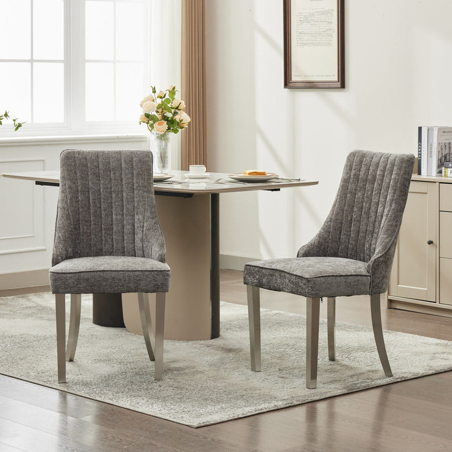 Gray Chenille Channel Dining Chairs with Brushed Silver Legs (Set of 2)