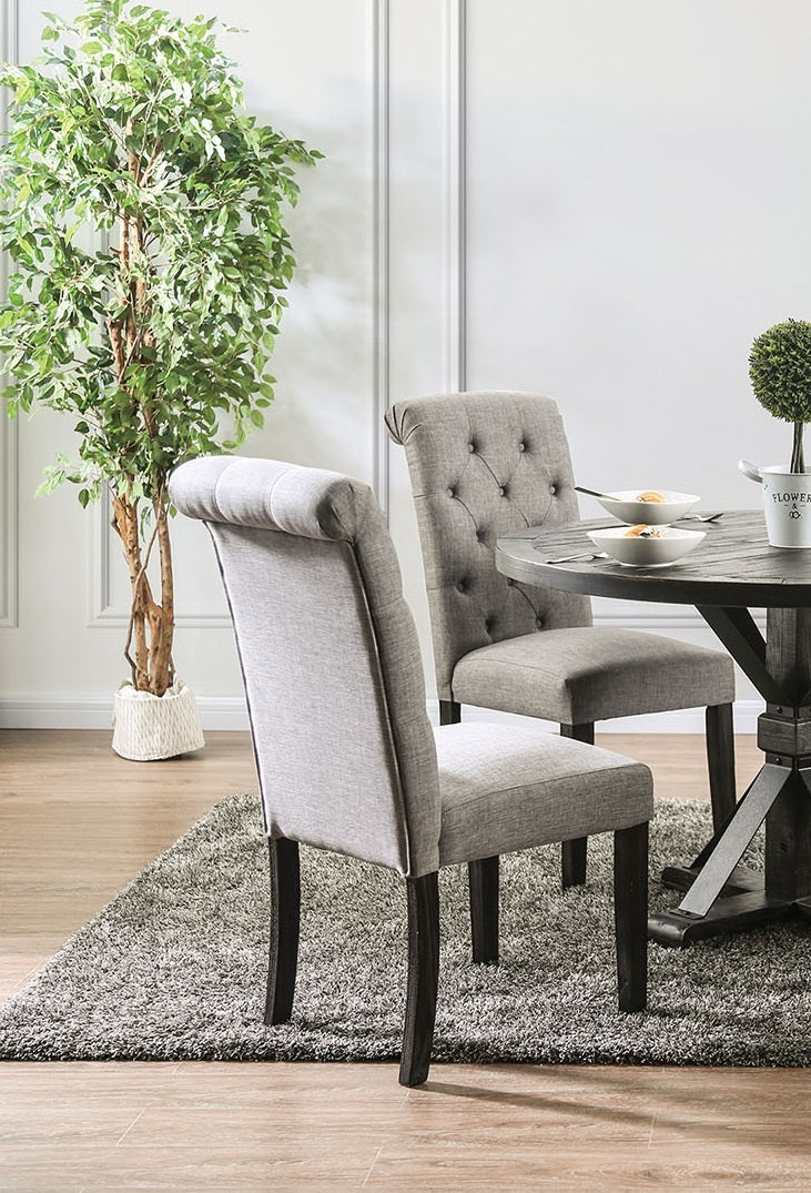 Madeline Button Tufted Linen Side Chairs with Antique Black Legs, Gray