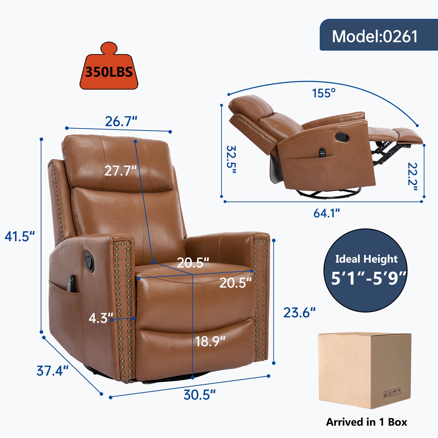 Deep Yellow Genuine Leather Heat Massage Manual Recliner Chair with Rocker and Swivel - detail view 2