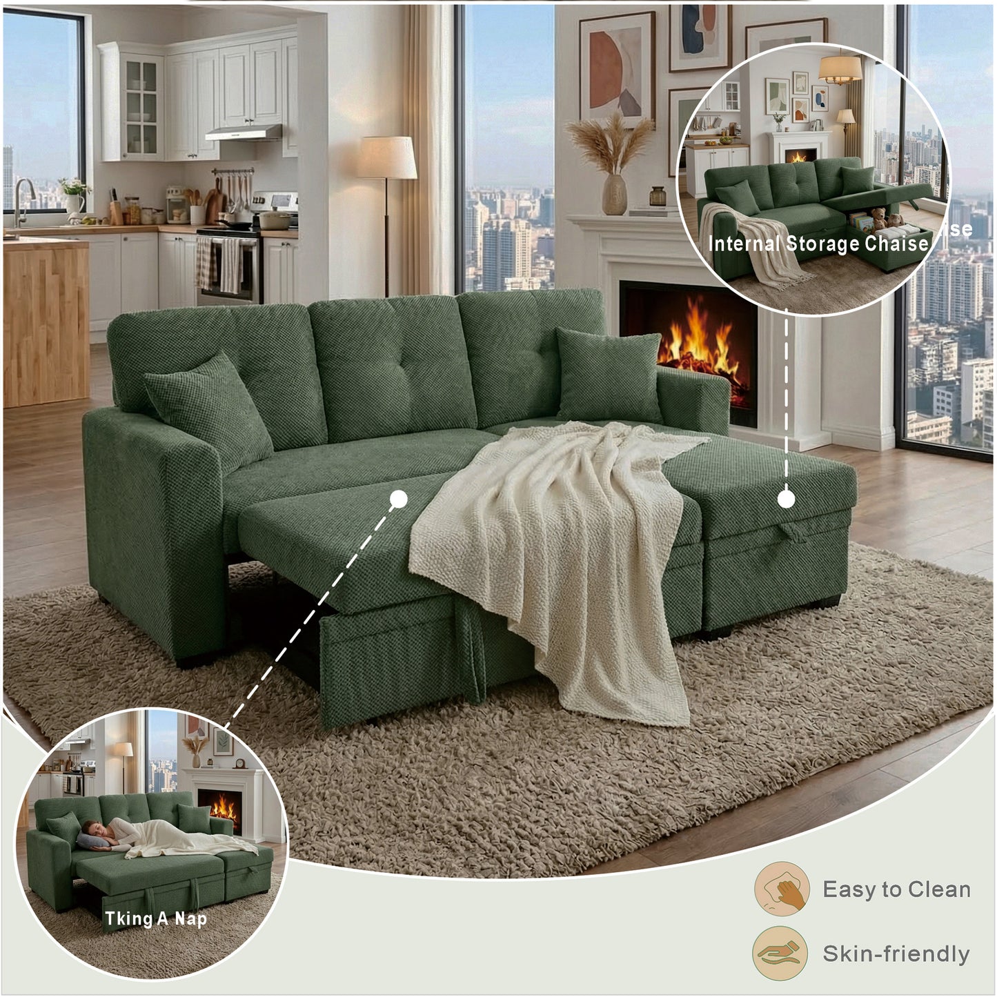 Sleeper Sectional - Green - detail view 3