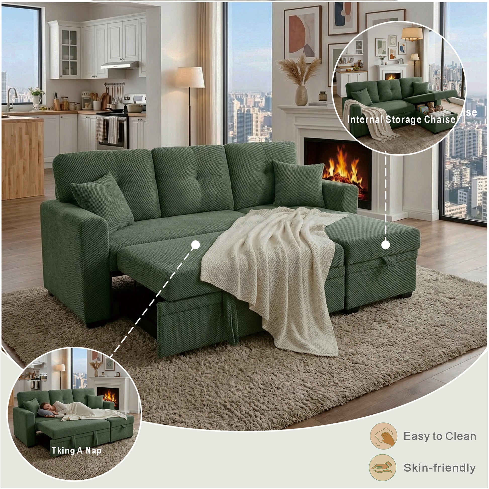 Sleeper Sectional - Green - detail view 3