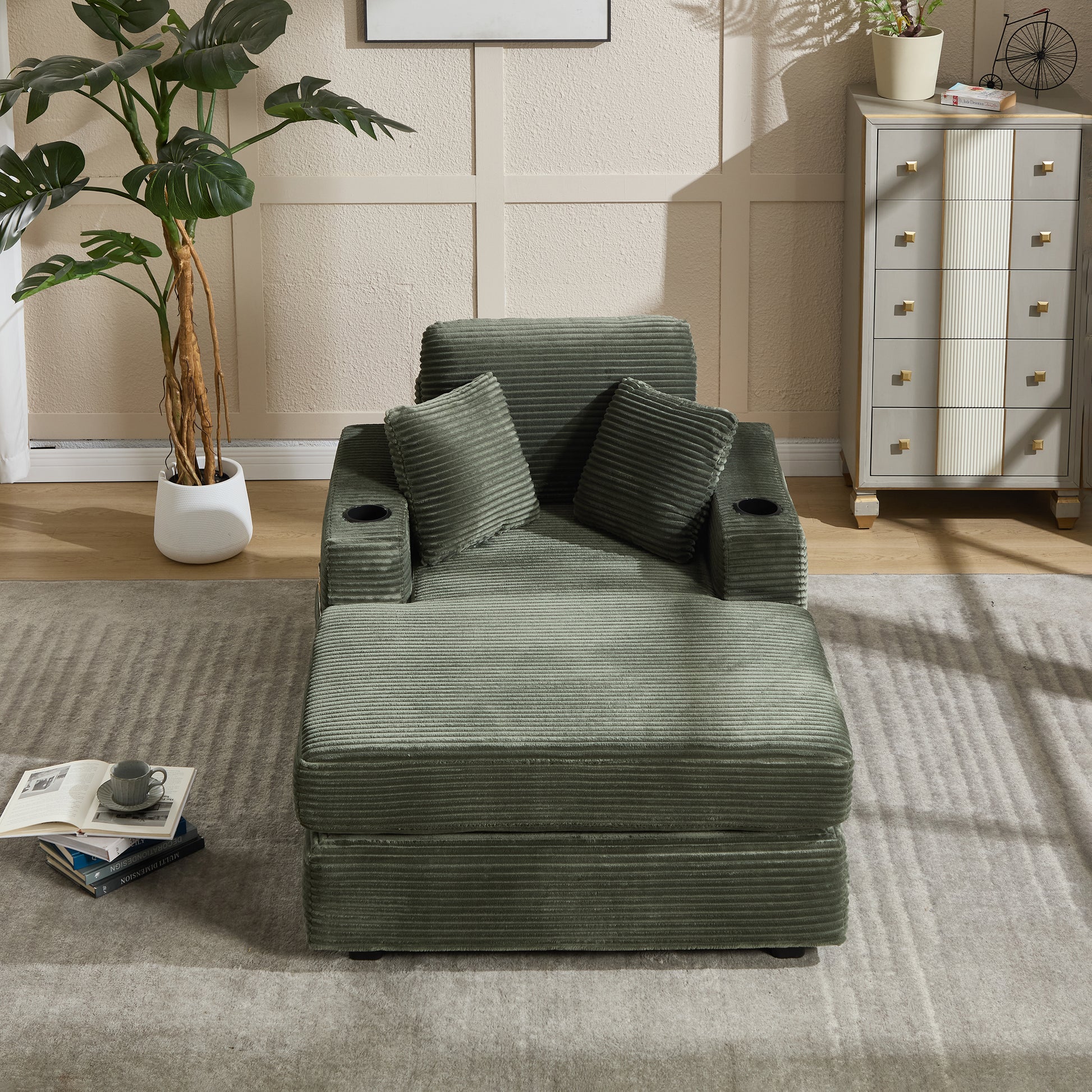 [new]corduroy Upholstered Chaise Lounge Sofa - Green - detail view 7
