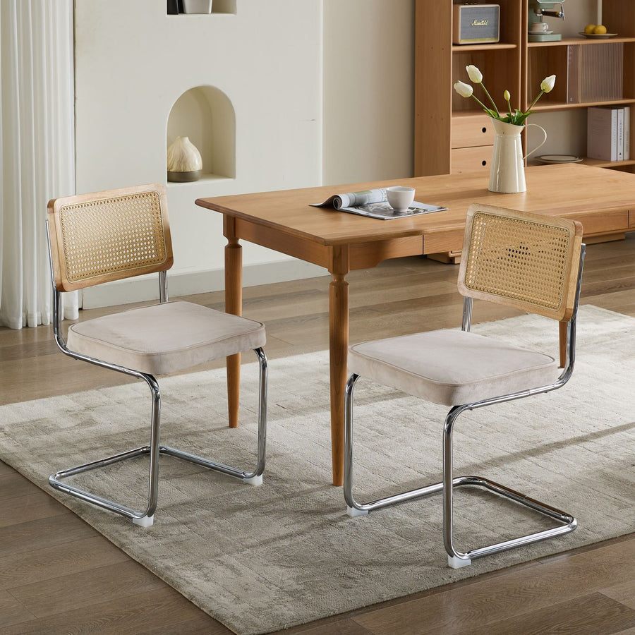 Beige Velvet Dining Chairs with Silver Legs (Set of 2)