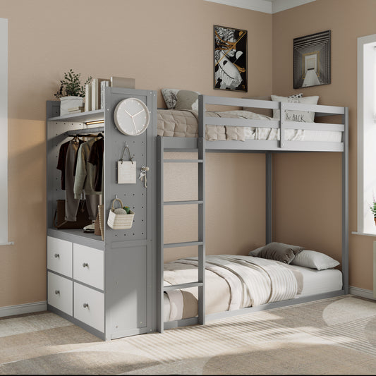 Twin Size Bunk Bed with 4 Storage Drawers - Gray - detail view 2