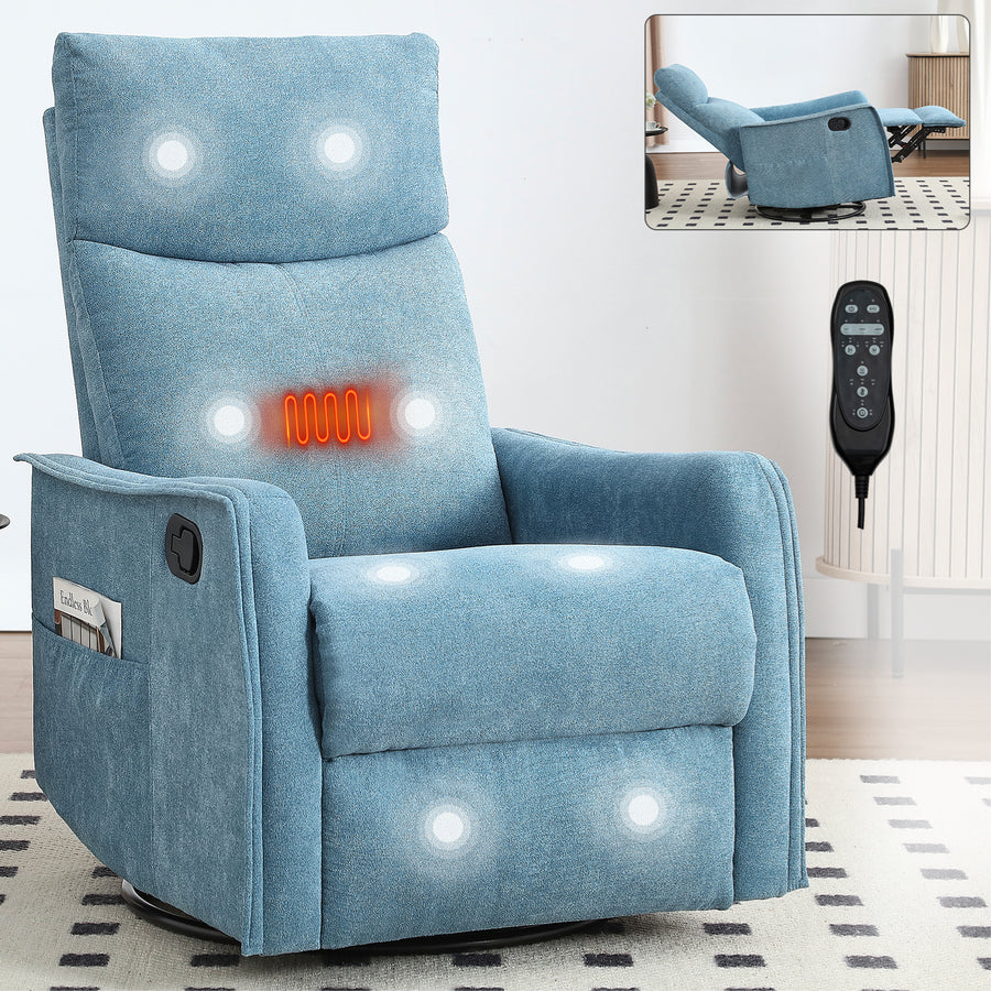 Heat Massage Manual Recliner Chair with Rocker and Swivel in Fabric - Blue - primary color shot