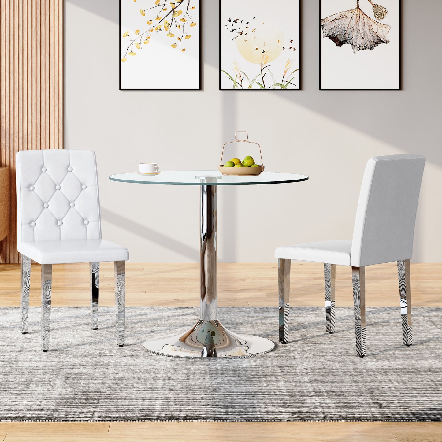 White Upholstered Fabric Dining Chairs with Silver Legs (set of 2) - detail view 2
