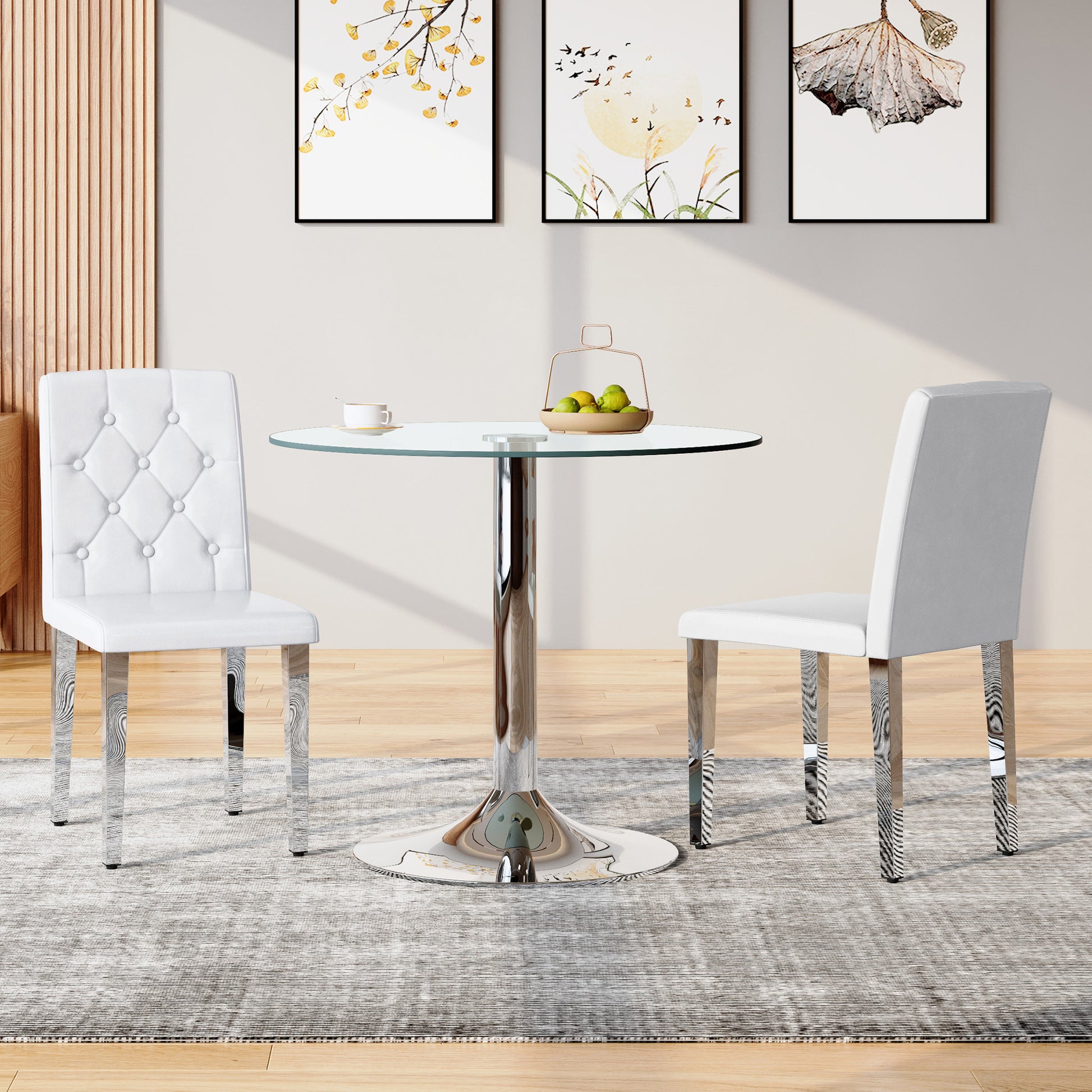 White Upholstered Fabric Dining Chairs with Silver Legs (set of 2) - detail view 2