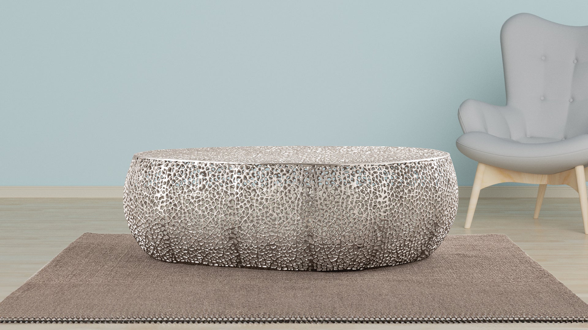 Azriel Oval Aluminum Mesh Coffee Table, Silver