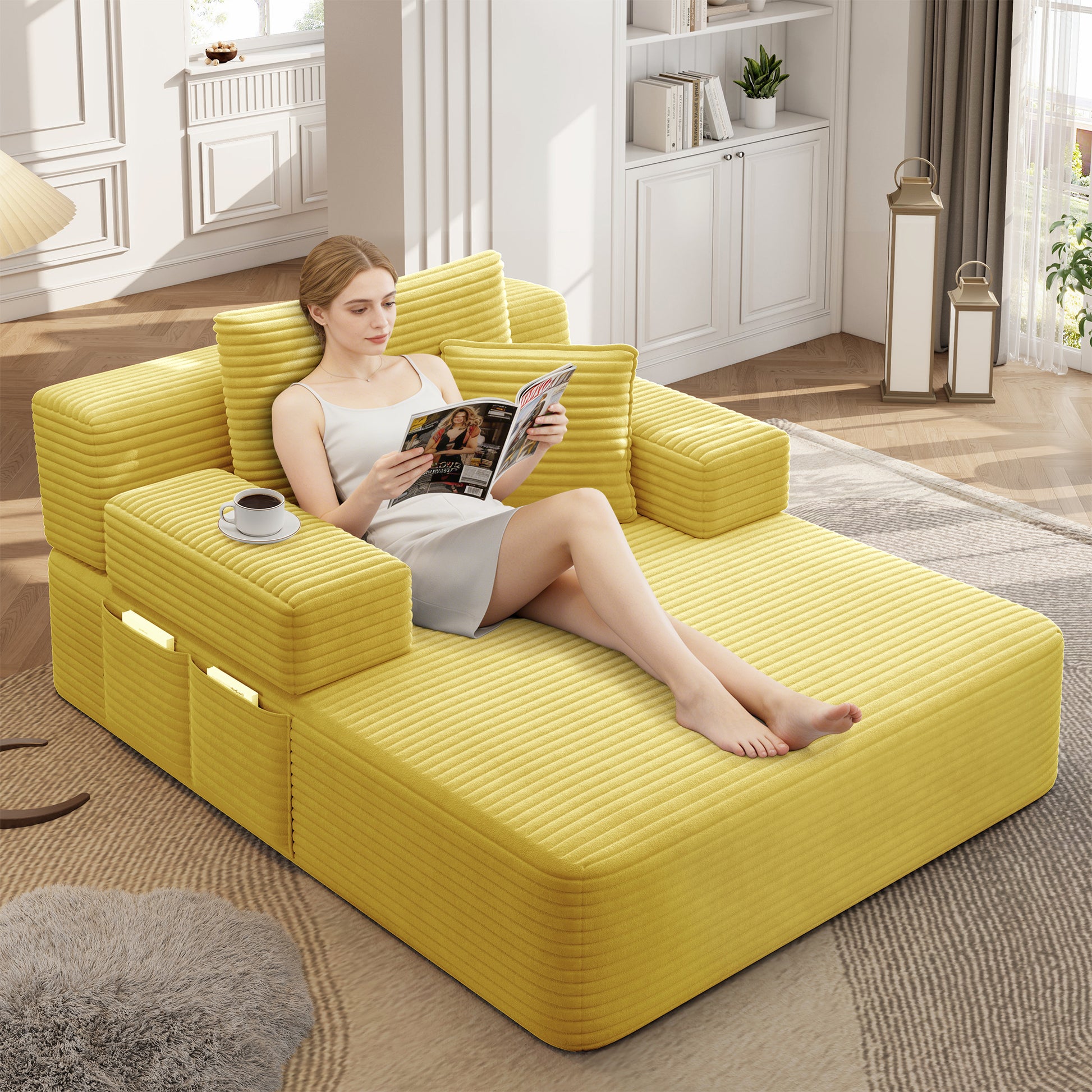 Luxurious Plush Corduroy Chaise Lounge with 3 Pillows - Yellow - detail view 3