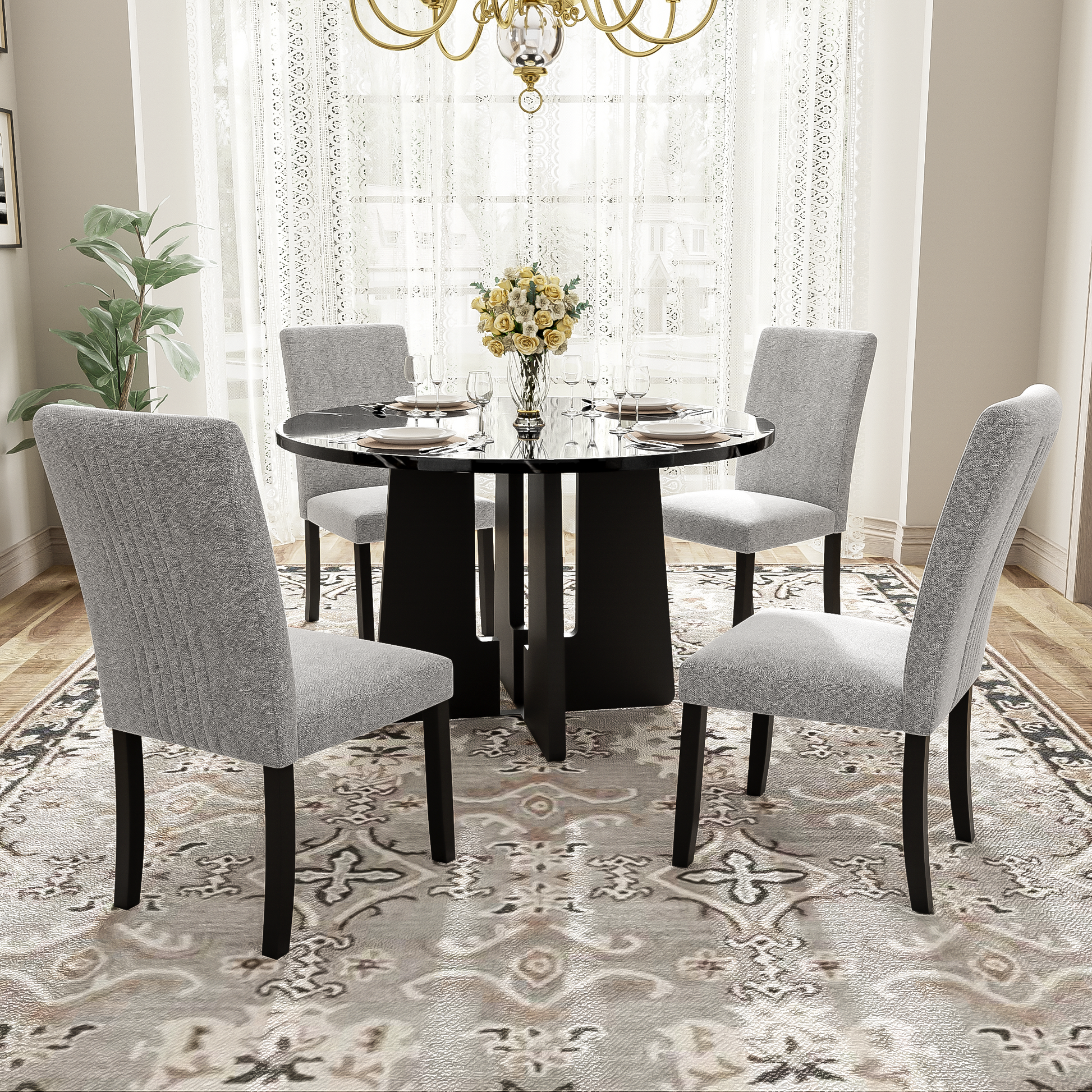 5-Piece Round Dining Table Set - Grey+black - primary color shot