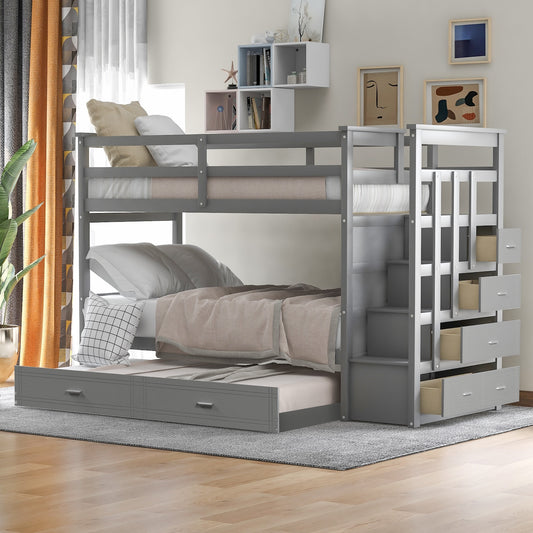 Odyssey Twin over Twin with 4-Drawer Staircase & Trundle - Gray