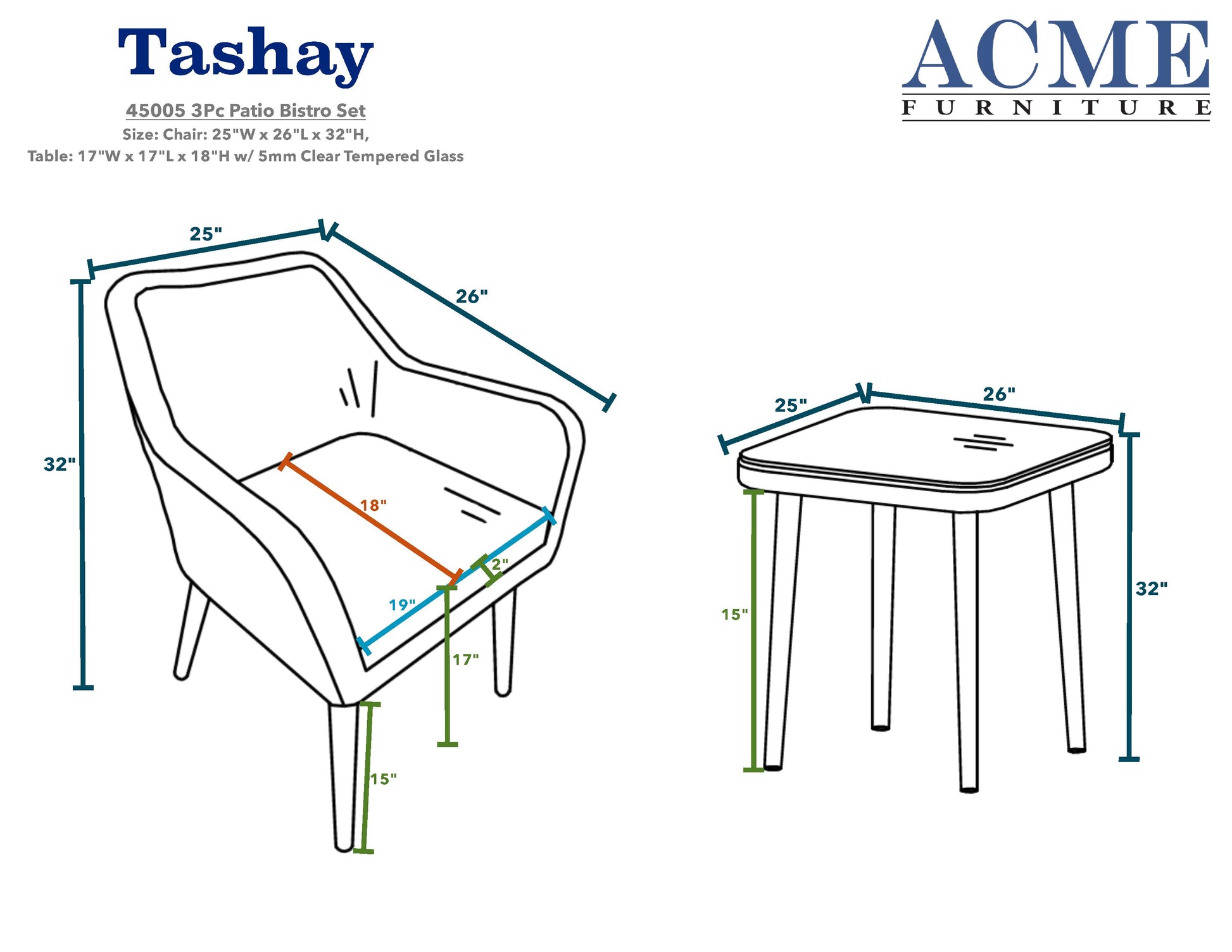 ACME Tashay Patio Bistro Set 3Pc in Green Fabric & Beige Wicker 45005