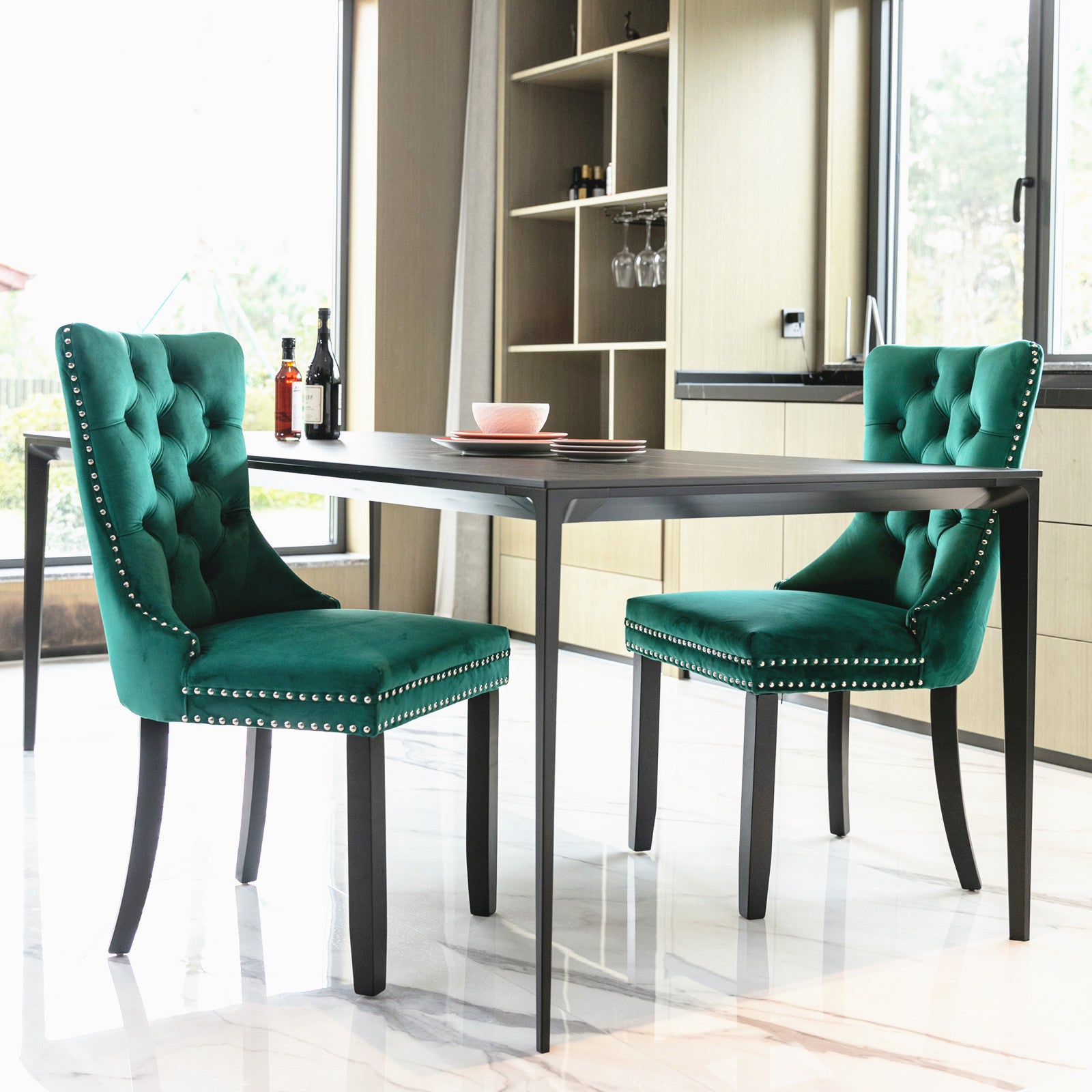 Nikki Tufted Dining Chair with Black Legs in Green Velvet Set of 2